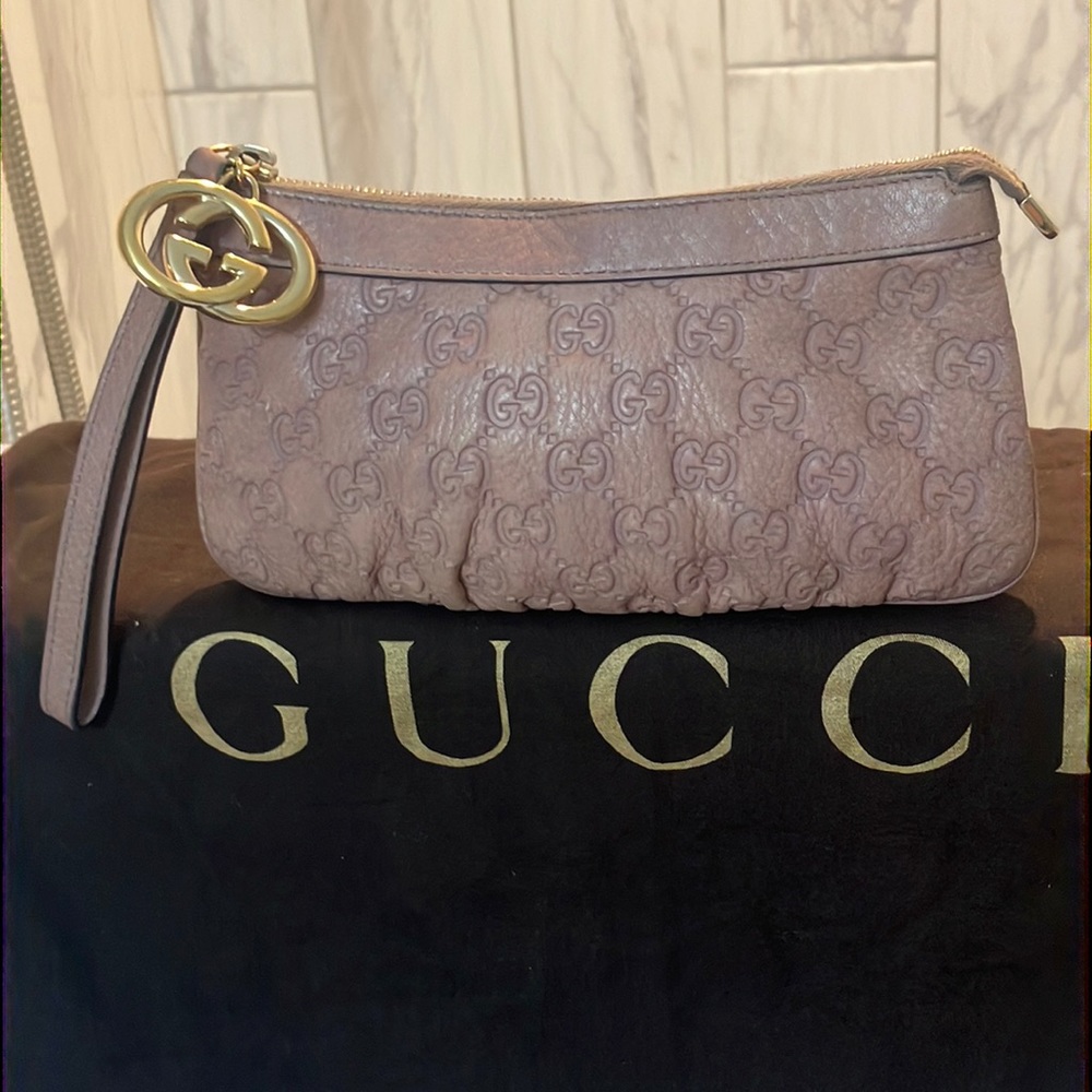 GUCCI Guccissima Wristlet Pouch Beige Leather
